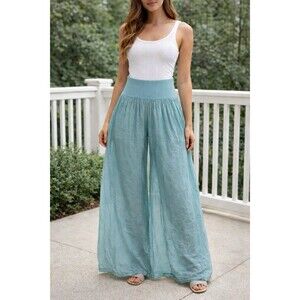 Italy Moda Made in Italy Silk Blend Wide Leg Palazzo Pants Lined Stretch Waist